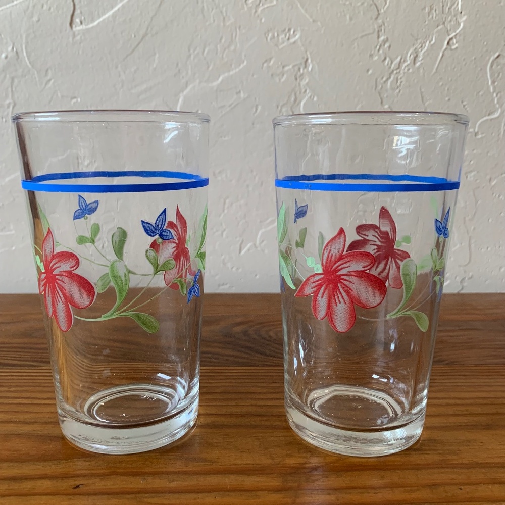 Set of 2 - Vintage KIG Indonesia Floral Highball Glasses – Blue Rim - Picture 5 of 12